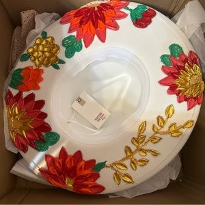 NWT - Painted Hat White Orange Red Gold Flowers Thick Paint Wide Brim